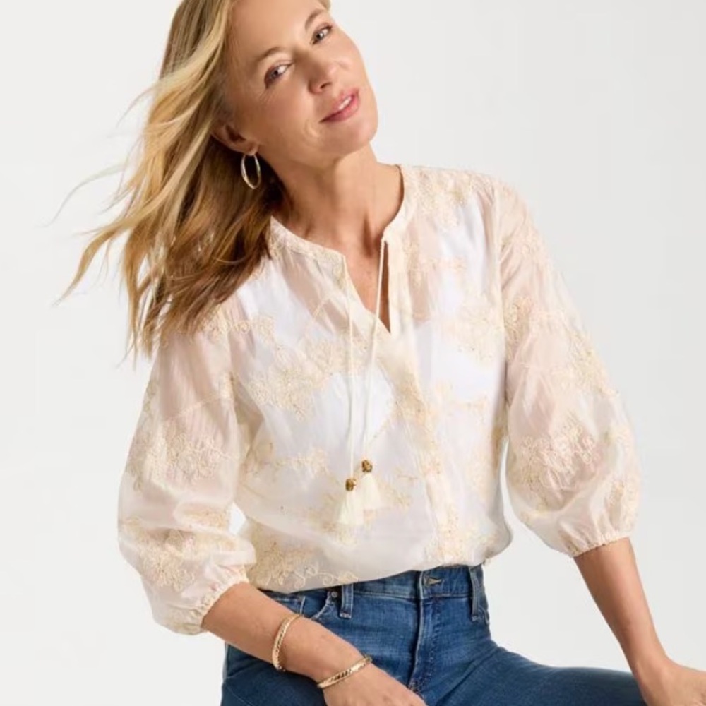 Chico’s Embroidered Tassel Tie-Front Top - S/4